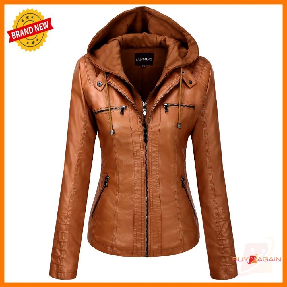 Faux Leather Moto Jacket Hooded Biker Coat Slim Fit Punk Chic Outerwear